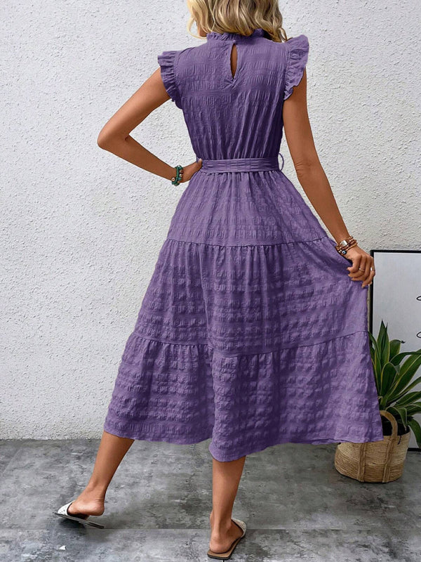 Ruffled Flying Sleeve Lace-Up Textured Dress - Spring Summer Fashion