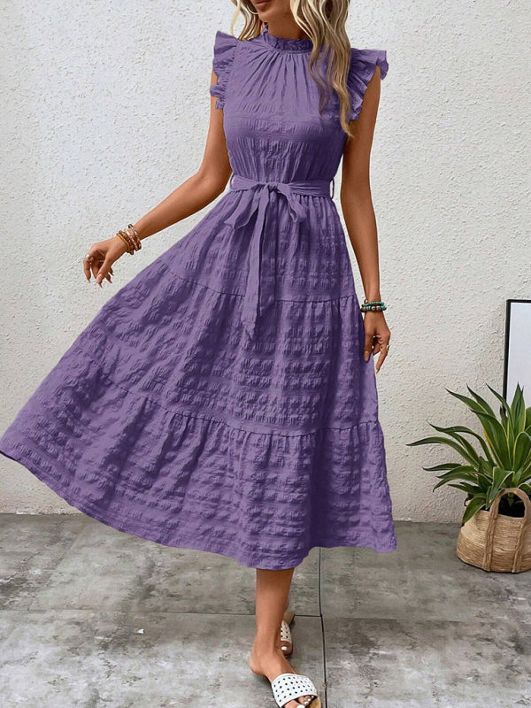 Ruffled Flying Sleeve Lace-Up Textured Dress - Spring Summer Fashion
