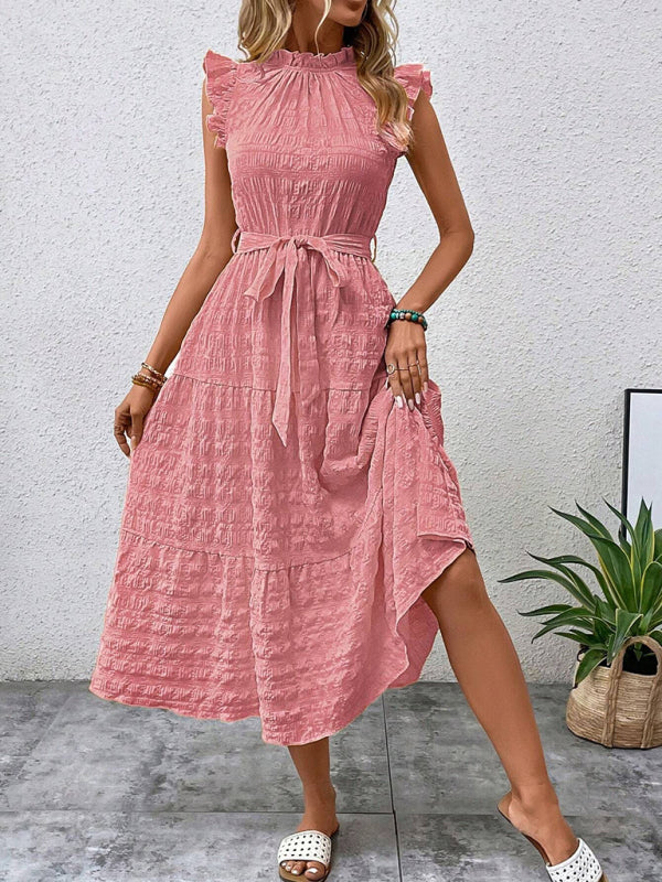 Ruffled Flying Sleeve Lace-Up Textured Dress - Spring Summer Fashion