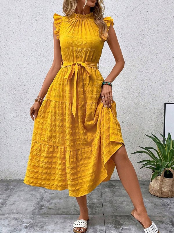 Ruffled Flying Sleeve Lace-Up Textured Dress - Spring Summer Fashion