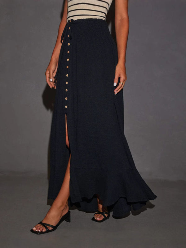 Tie Waist Skirt for Women - Solid Color A-Line Cotton Blend Skirt