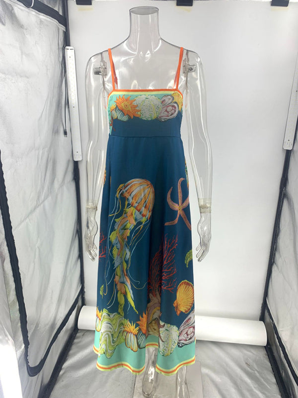 Modern holiday swing graffiti cotton and linen sleeveless suspender dress