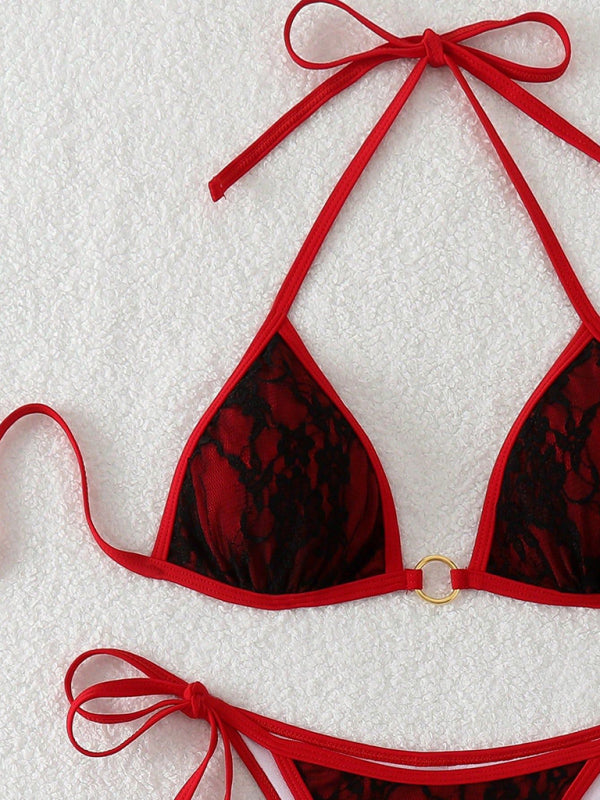 Black lace and red backless bikini