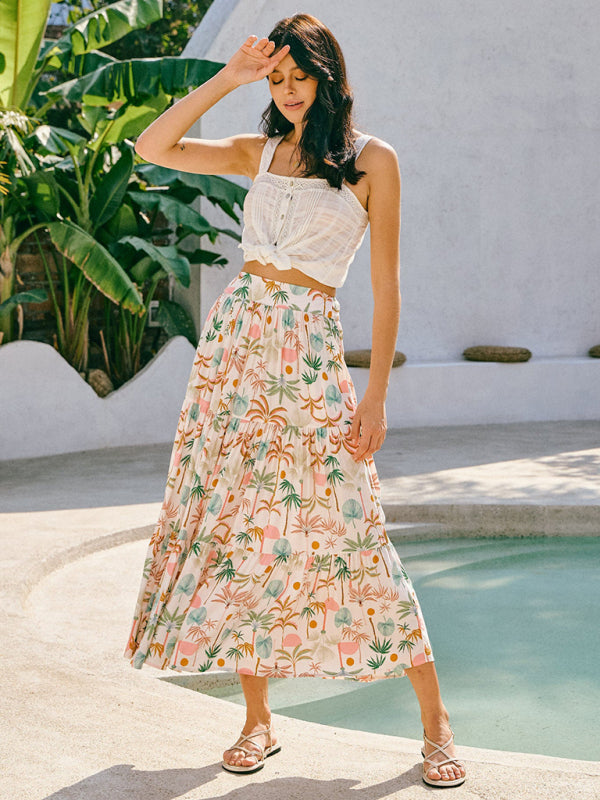 Modern coconut tree print bohemian holiday beach skirt