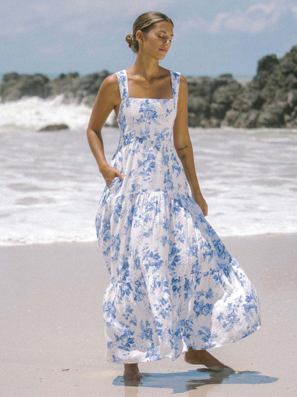 White and blue floral print bohemian holiday beach dress loose suspender dress