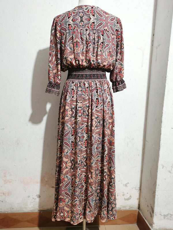 Three-quarter sleeve waisted Bohemian casual holiday beach dress