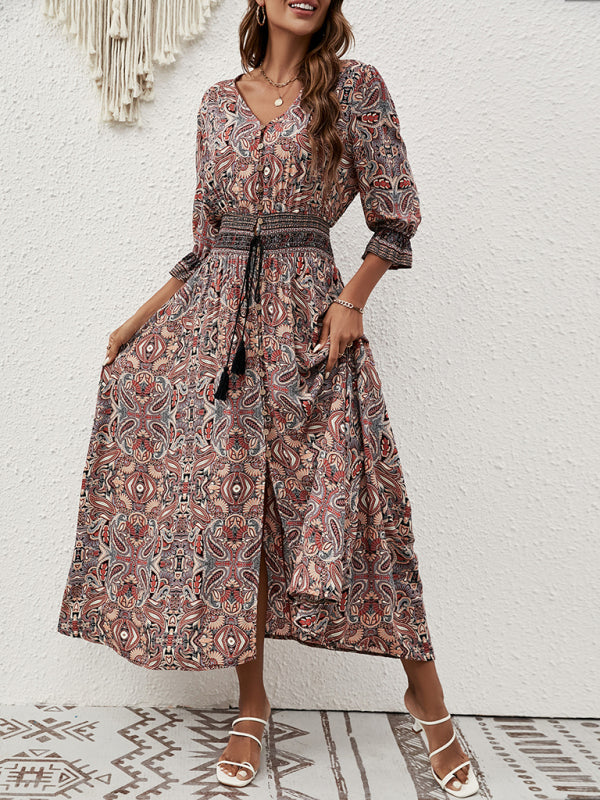 Three-quarter sleeve waisted Bohemian casual holiday beach dress
