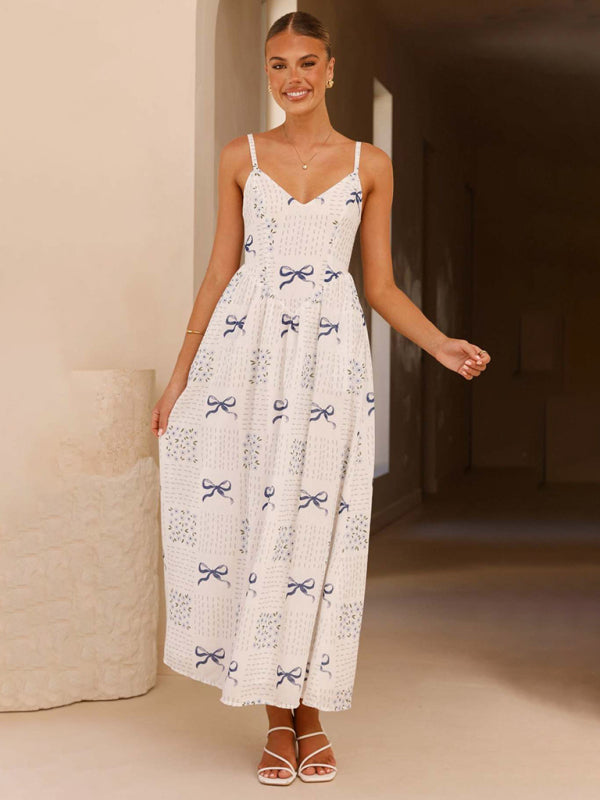 Modern V-neck waist holiday backless bow print dress