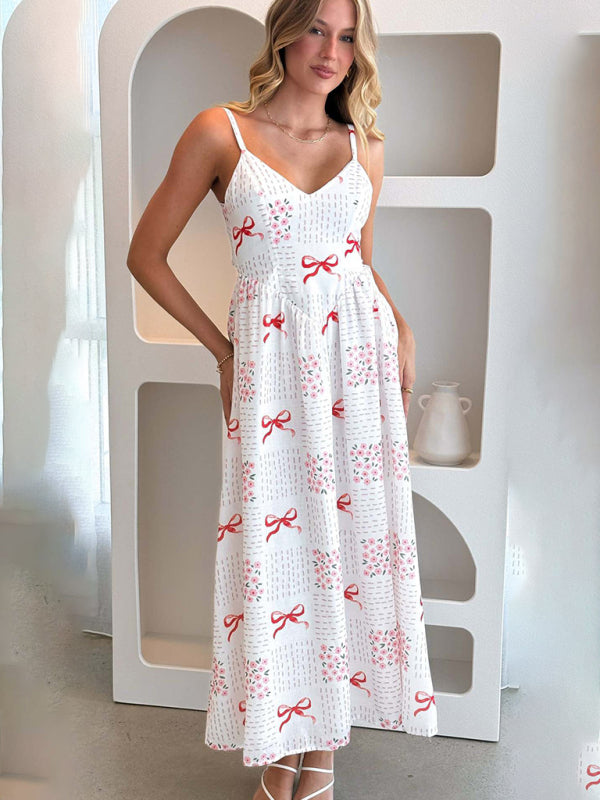 Modern V-neck waist holiday backless bow print dress