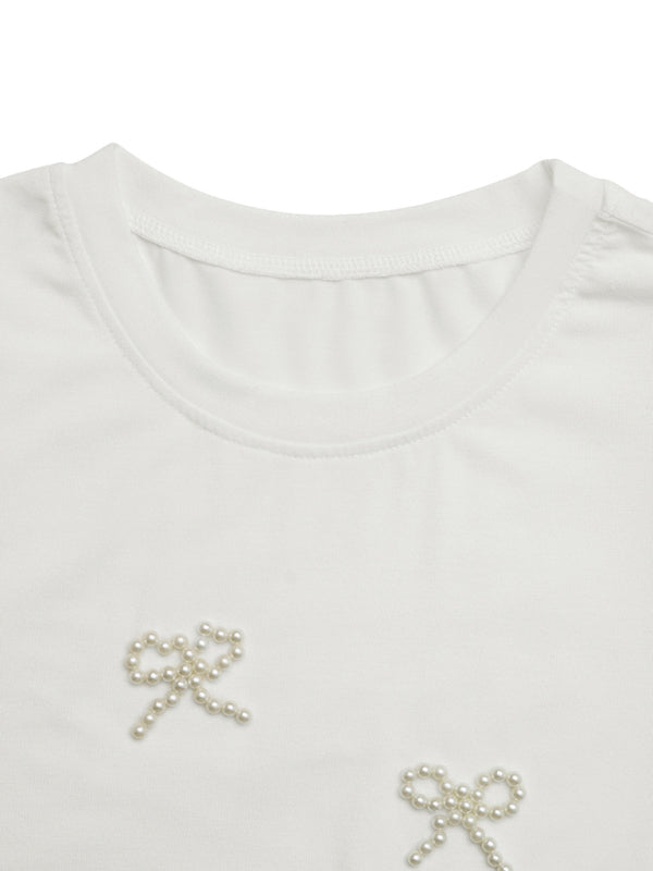 Casual Bowknot Round Neck Pullover Beaded Puff Sleeve T-shirt