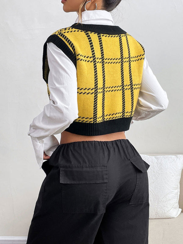 Checked V-Neck Vest - Knitted Sleeveless Sweater