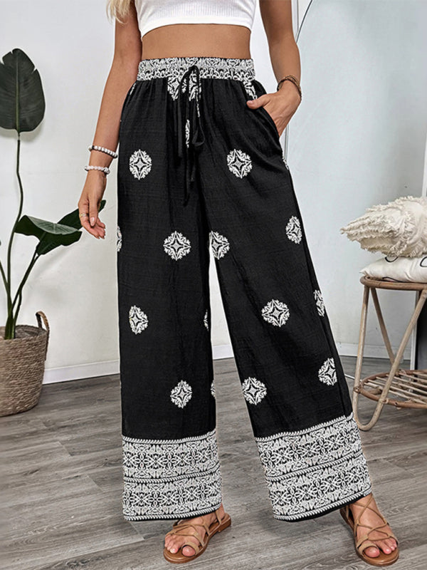Ethnic style printed elastic waist drawstring casual comfortable straight pants