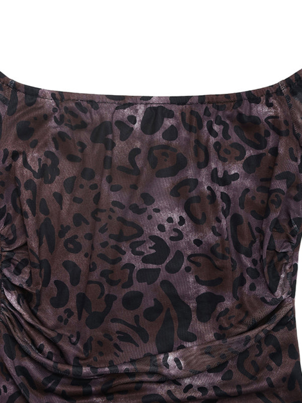 Modern Party Elegant Retro Style Off-shoulder Long Sleeve Mesh Leopard Print Dress