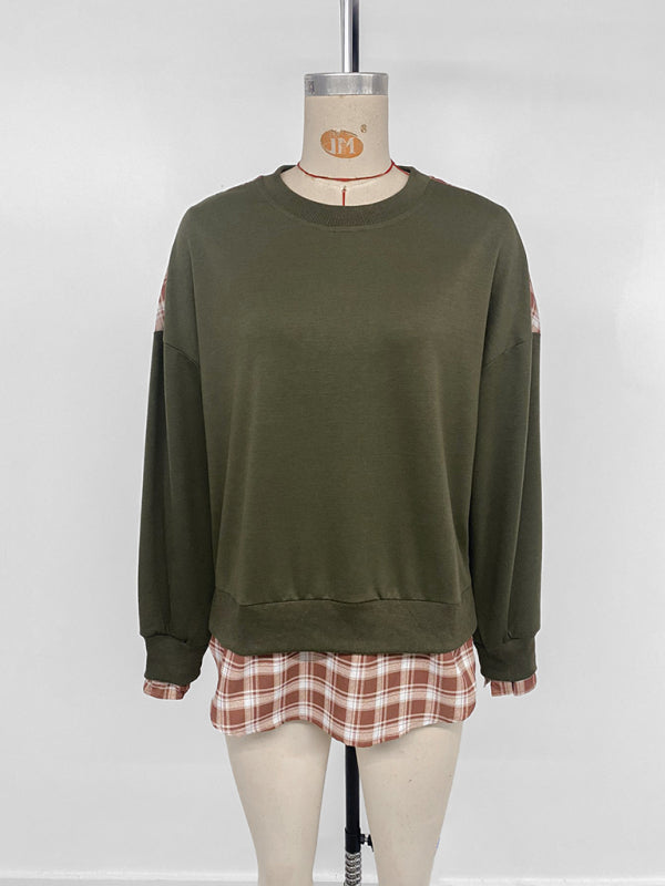 Plaid Stitching Pullover Sweatshirt - Round Neck Knit Top