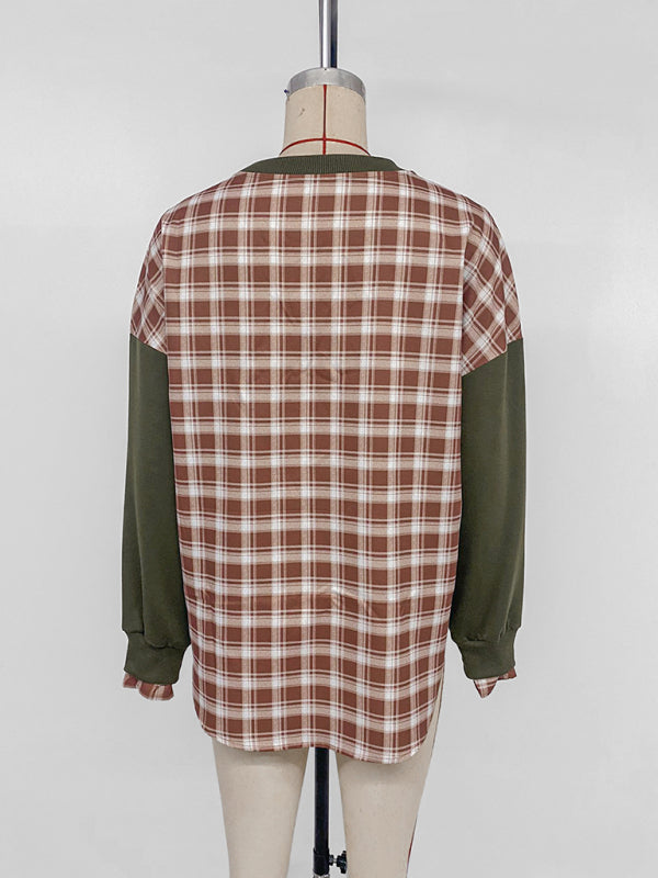 Plaid Stitching Pullover Sweatshirt - Round Neck Knit Top