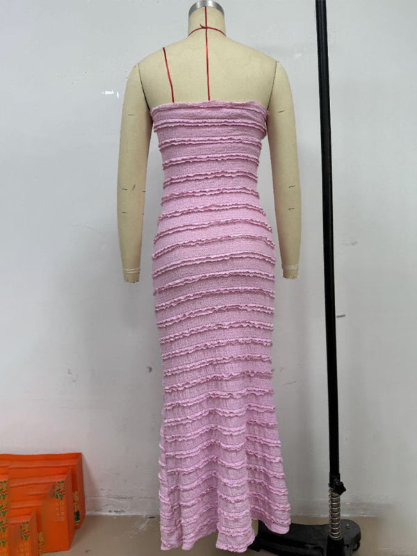 Sexy slim fit tube top hip pink dress