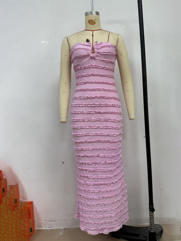 Sexy slim fit tube top hip pink dress