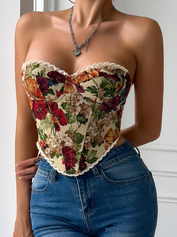Floral Print Lace Chest Wrap Vest - French Style Fishbone Design