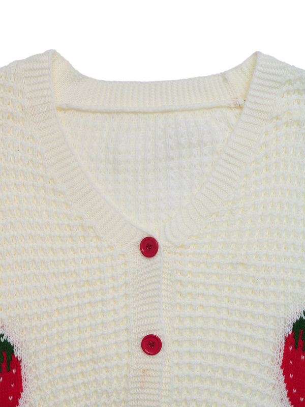 Strawberry Jacquard Knitted Cardigan - Casual Sweater