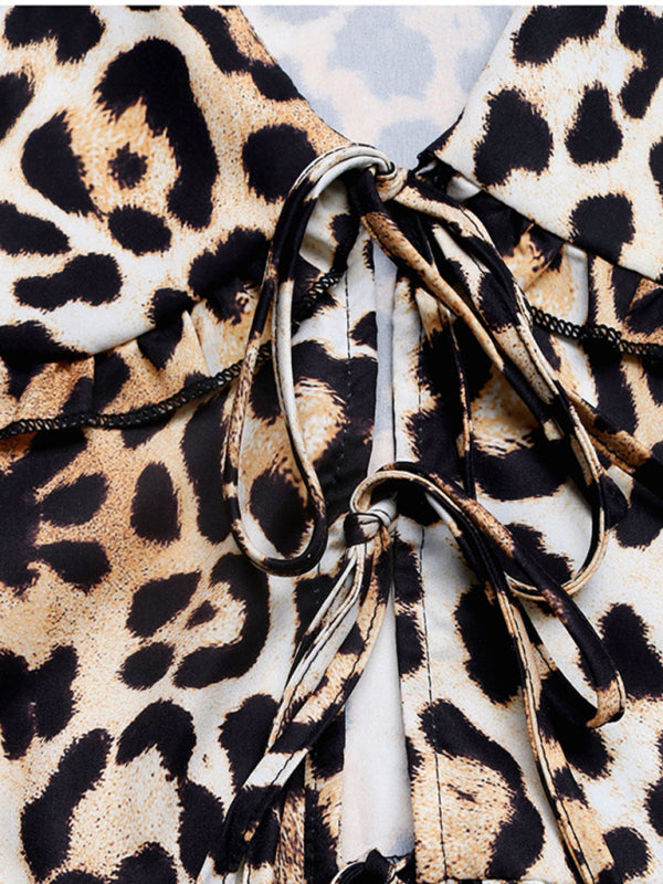 Leopard Print Doll Collar Shirt - Retro Chest Tie Blouse for Women