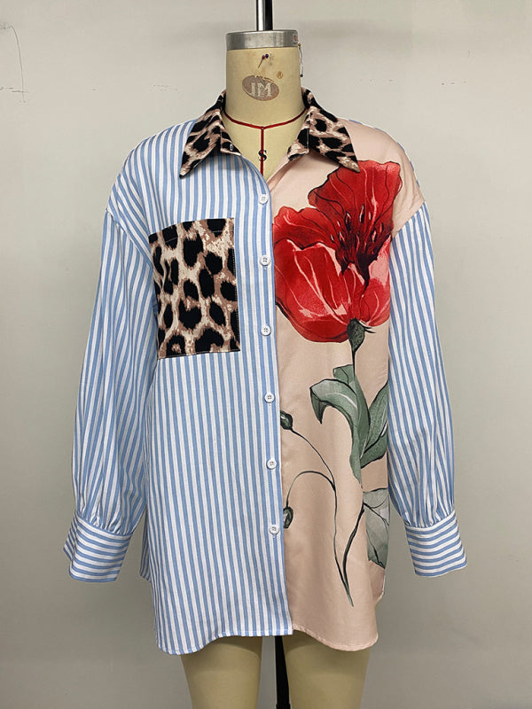 Casual holiday print striped patchwork shirt