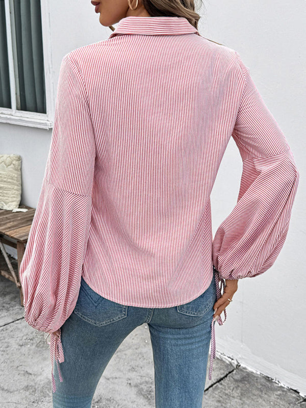 Striped patchwork lantern sleeve shirt