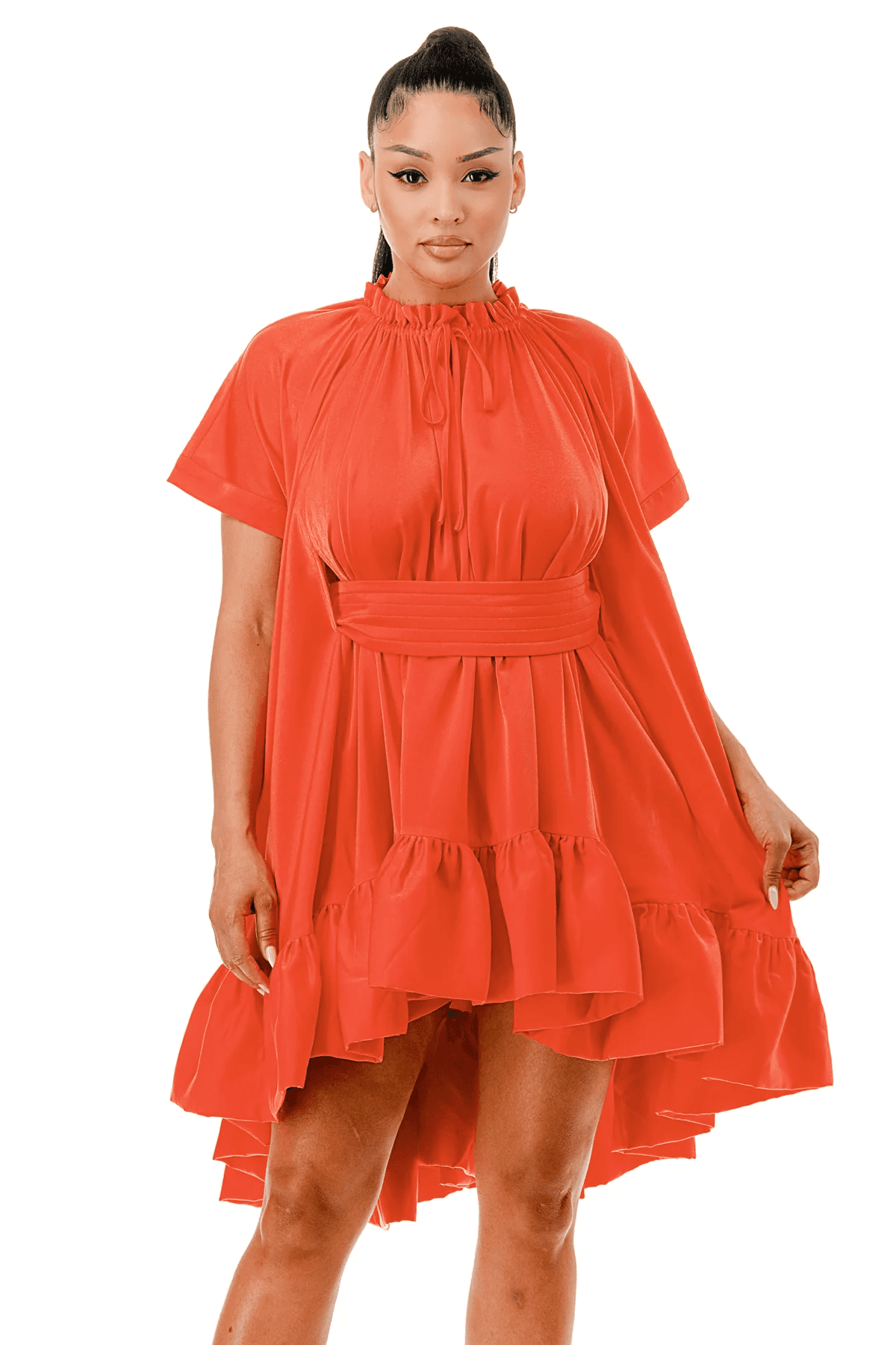 Minivestido con vuelo, volante, cinturón y estilo capa de manga corta