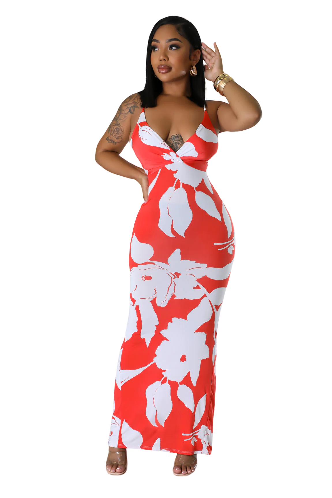 Vestido largo tropical con cuello en V