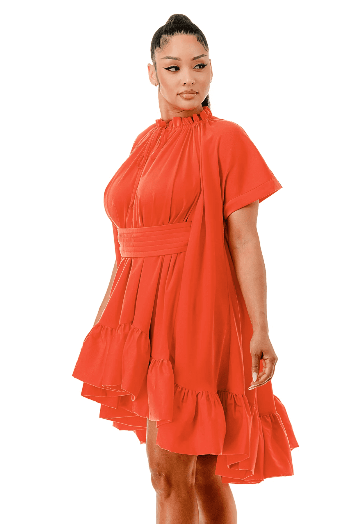 Minivestido con vuelo, volante, cinturón y estilo capa de manga corta
