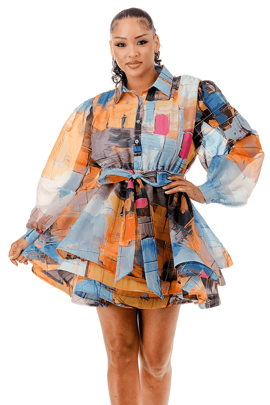 Sheer Long Sleeve Layered Ruffle  Dress