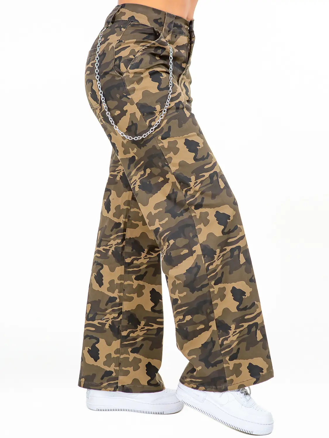 Pantalones Anchos Camuflados de Tiro Alto con Cadena Removible