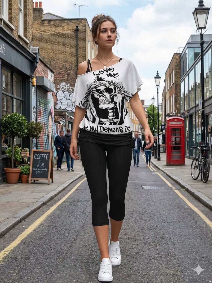 Plus Size Gothic Skull One-Shoulder Short Set Streetwear