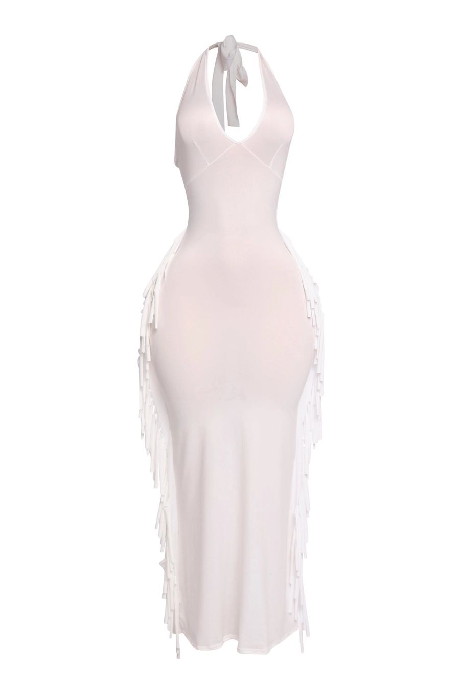 Vestido halter con flecos y detalles