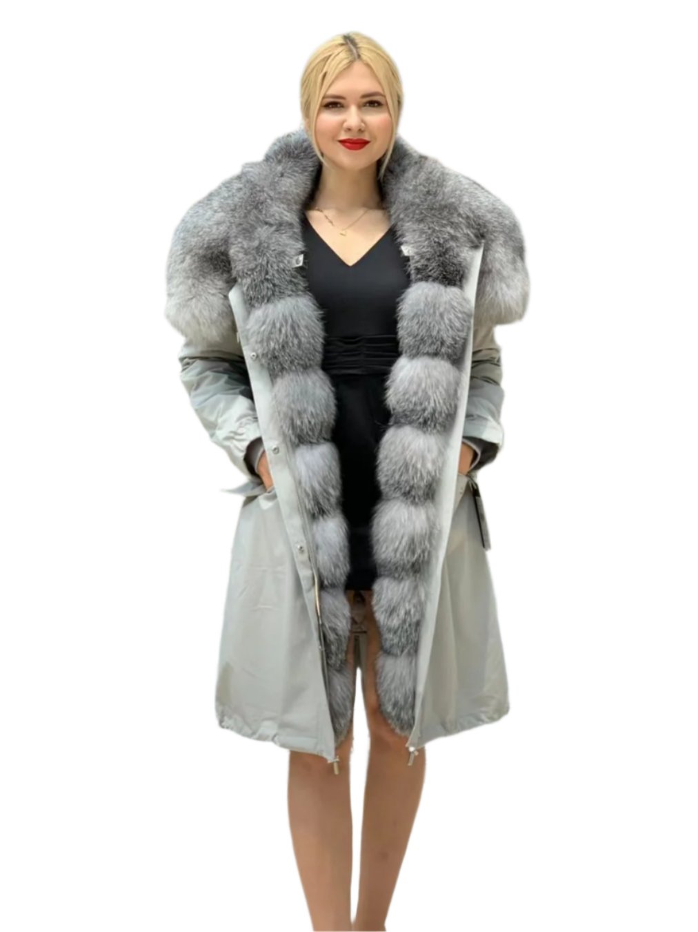 Chaqueta parka con forro completo de piel de zorro y capucha aislante de conejo