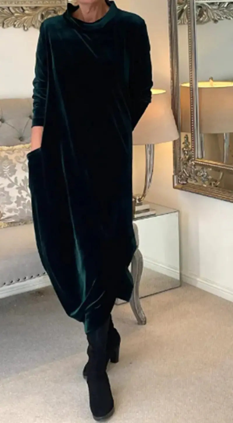 New Women's Long Sleeve Solid Color Round Neck Dress