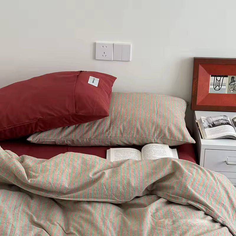 Red & Beige Striped Cotton Bedding Set