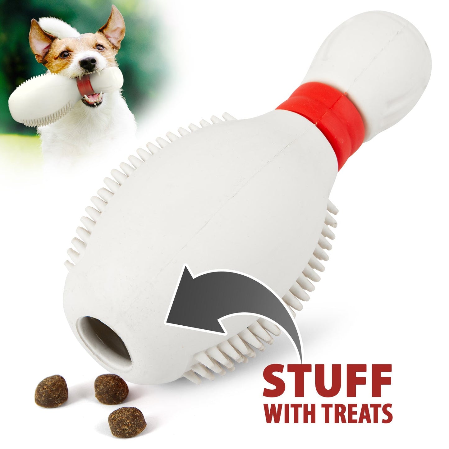 Juguete masticable dispensador de golosinas de caucho natural con forma de bolo de bolos Jeffers para perros