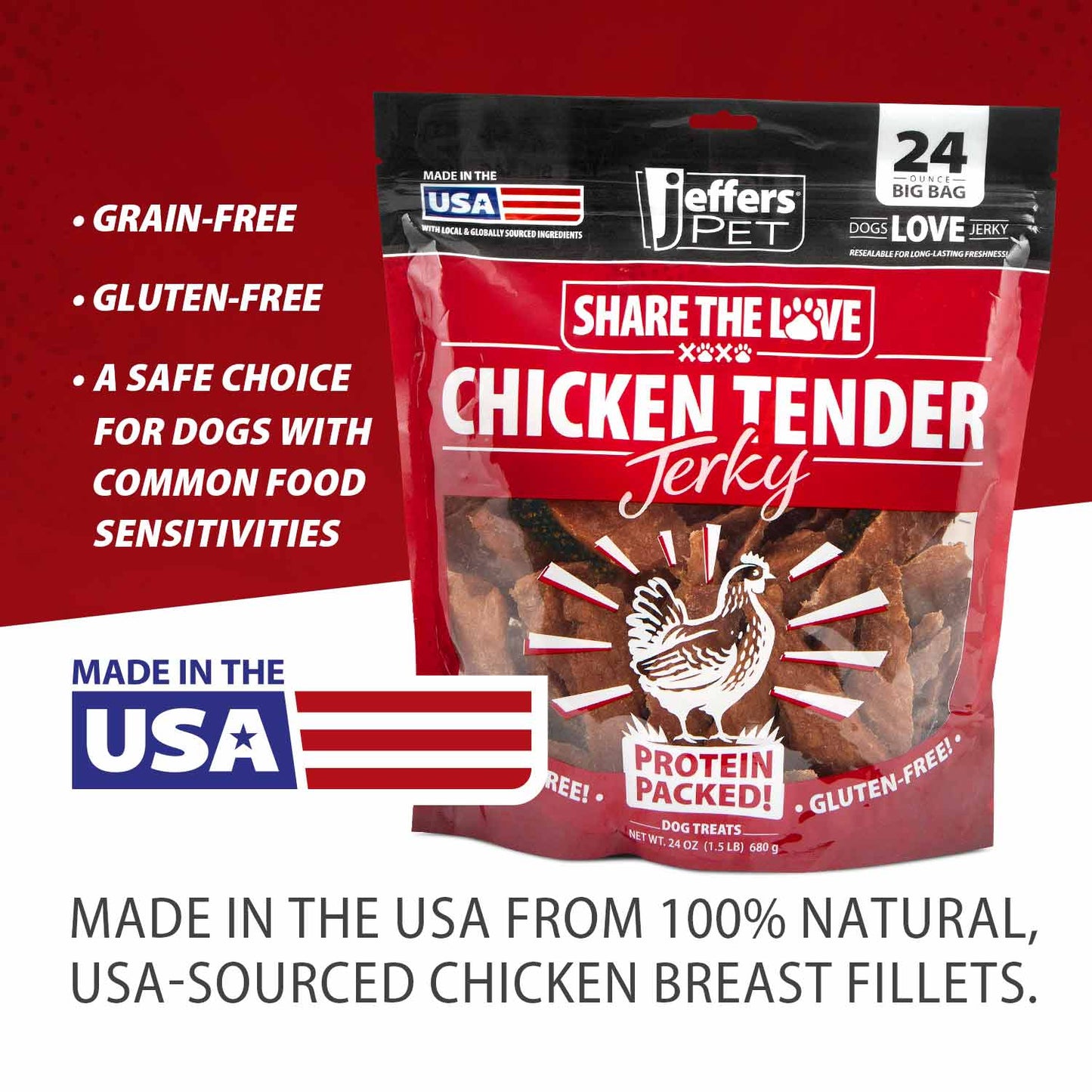 Golosinas saludables para perro Jeffers Chicken Jerky, 24 oz - 100% naturales, sin cereales, sin gluten, hechas en EE. UU.