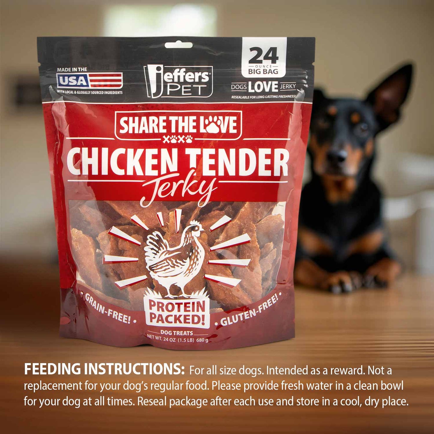 Golosinas saludables para perro Jeffers Chicken Jerky, 24 oz - 100% naturales, sin cereales, sin gluten, hechas en EE. UU.