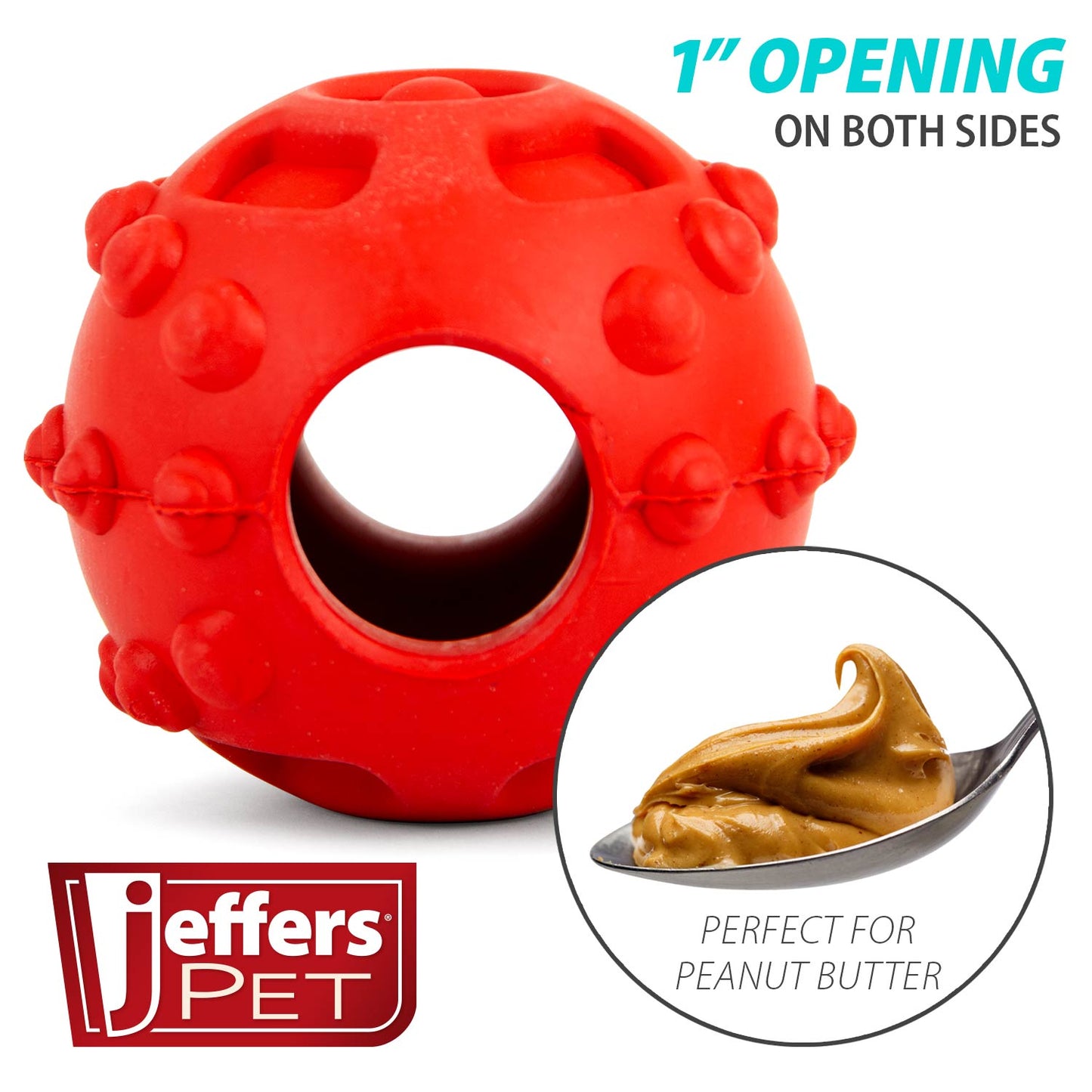 Juguete dispensador de golosinas dentales para perros, Jeffers Hollow Red Knobby Ball, caucho natural