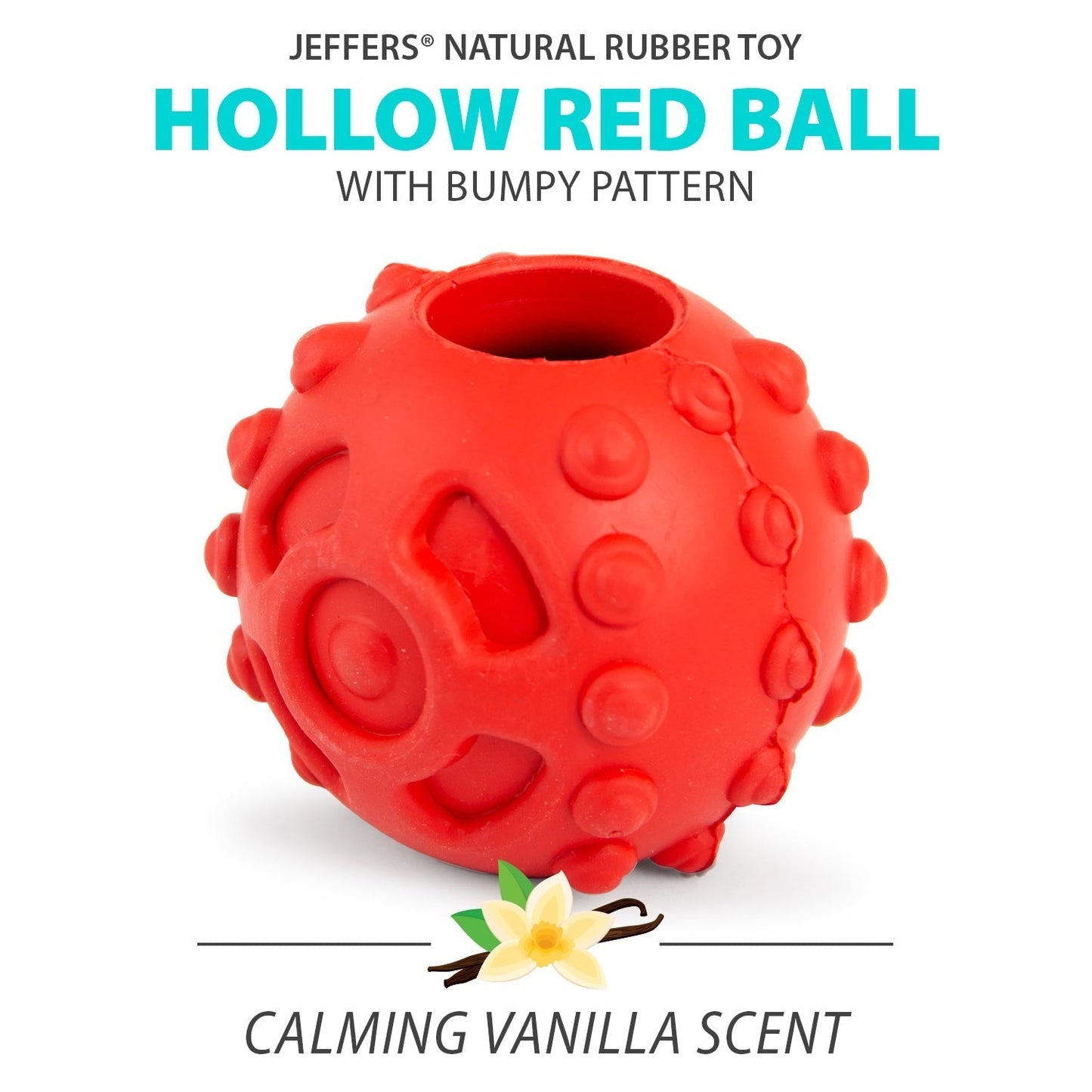 Juguete dispensador de golosinas dentales para perros, Jeffers Hollow Red Knobby Ball, caucho natural
