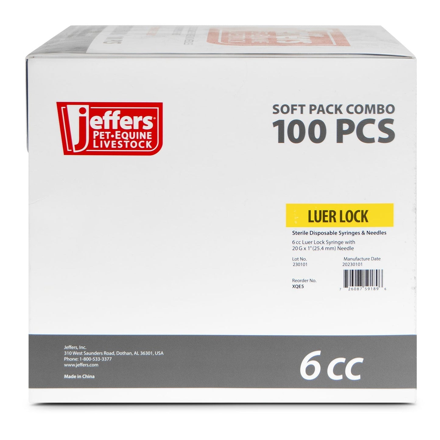 Jeringa/aguja Luer Lock de Jeffers, caja de 100