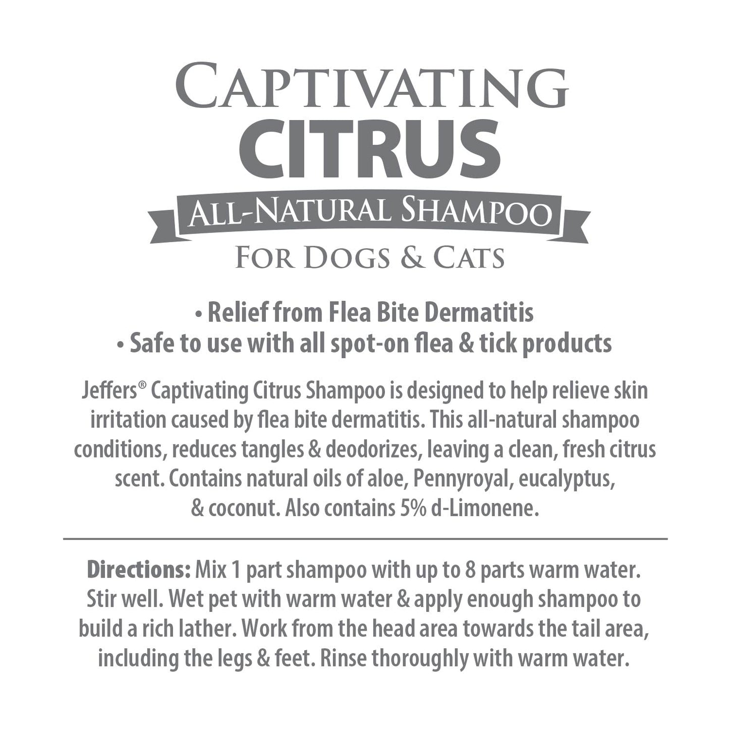 Champú Jeffers Pet Captivating Citrus para aliviar las picaduras de pulgas, totalmente natural, para perros y gatos