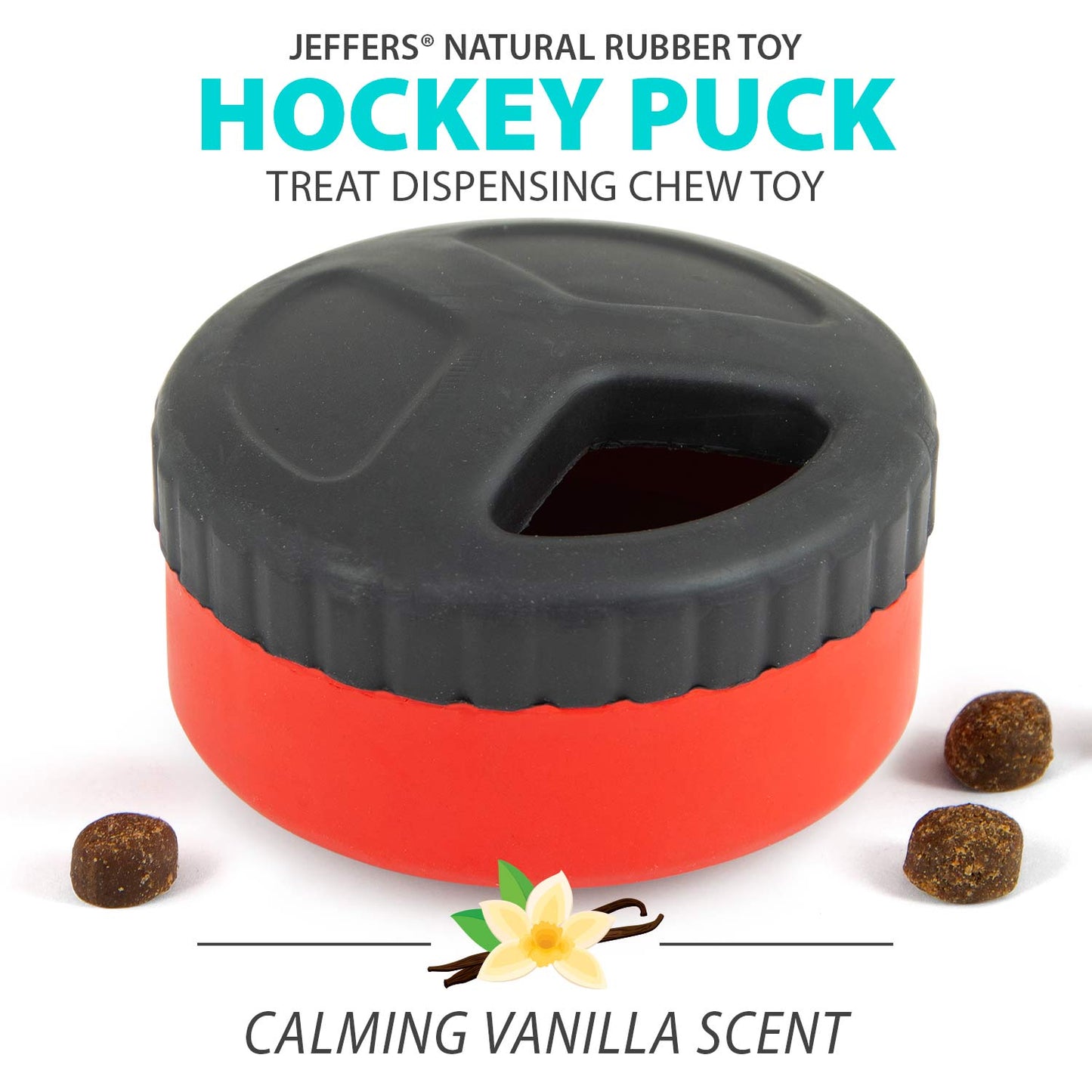 Juguete masticable dental Jeffers Red Hockey Puck de caucho natural con dispensador de premios para perros