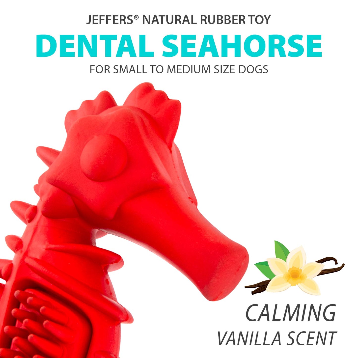 Juguete Masticable para Perros Jeffers de Caucho Natural, Diseño de Caballito de Mar Rojo, con Aroma a Vainilla y Bordes Texturizados para la Salud Dental