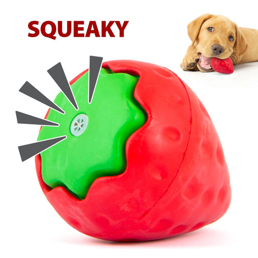 Juguete masticable dental de caucho natural para perros, Jeffers Squeaky Strawberry, con chirriador y aroma a vainilla para masticadores medianos
