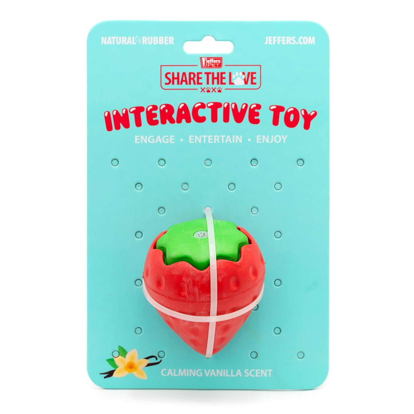 Juguete masticable dental de caucho natural para perros, Jeffers Squeaky Strawberry, con chirriador y aroma a vainilla para masticadores medianos