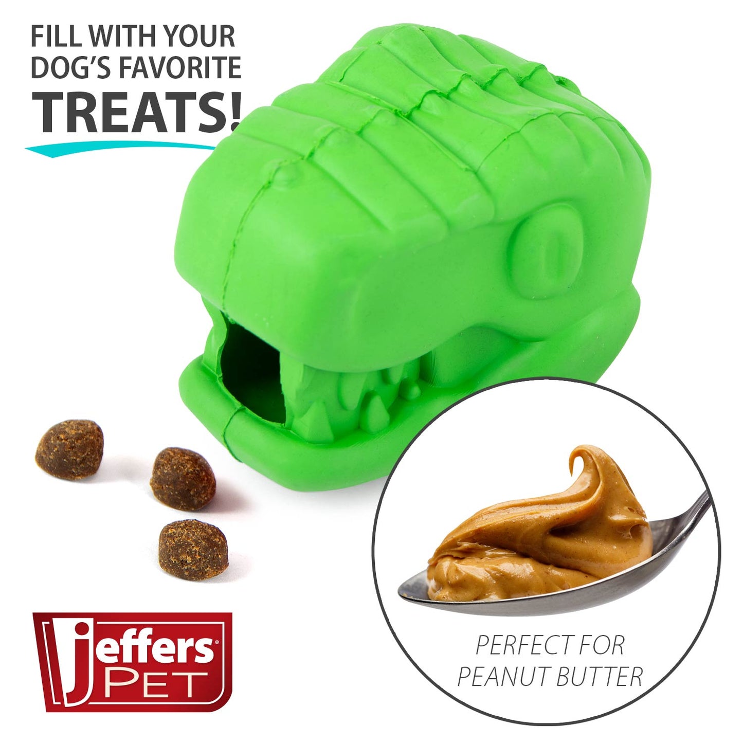 Juguete masticable dental Jeffers T-Rex de caucho natural para dispensar golosinas para masticadores medianos con aroma a vainilla
