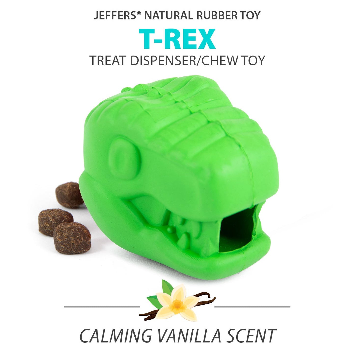 Juguete masticable dental Jeffers T-Rex de caucho natural para dispensar golosinas para masticadores medianos con aroma a vainilla
