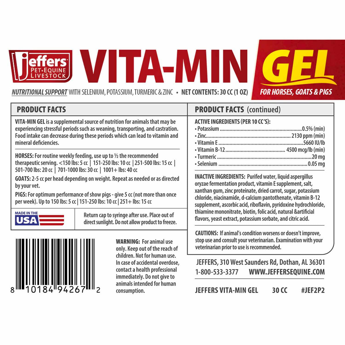 Jeffers Vita-Min Gel con Vit E y B12 para ganado vacuno, caballos, ovejas, cabras y cerdos